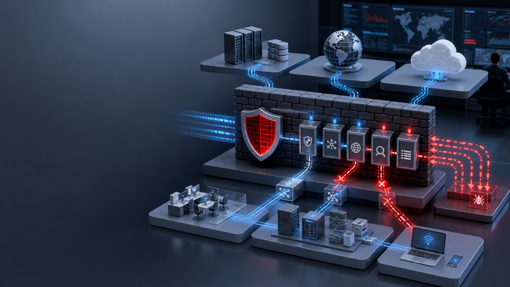 Ilustración técnica de un firewall protegiendo zonas segmentadas, con flujos permitidos y bloqueados.