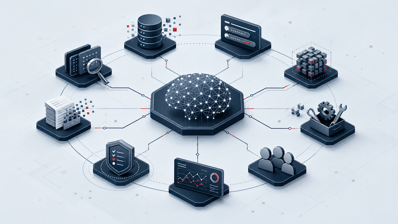Ilustración técnica de un sistema de inteligencia artificial conectado con datos, usuarios, herramientas, evaluación y monitorización.