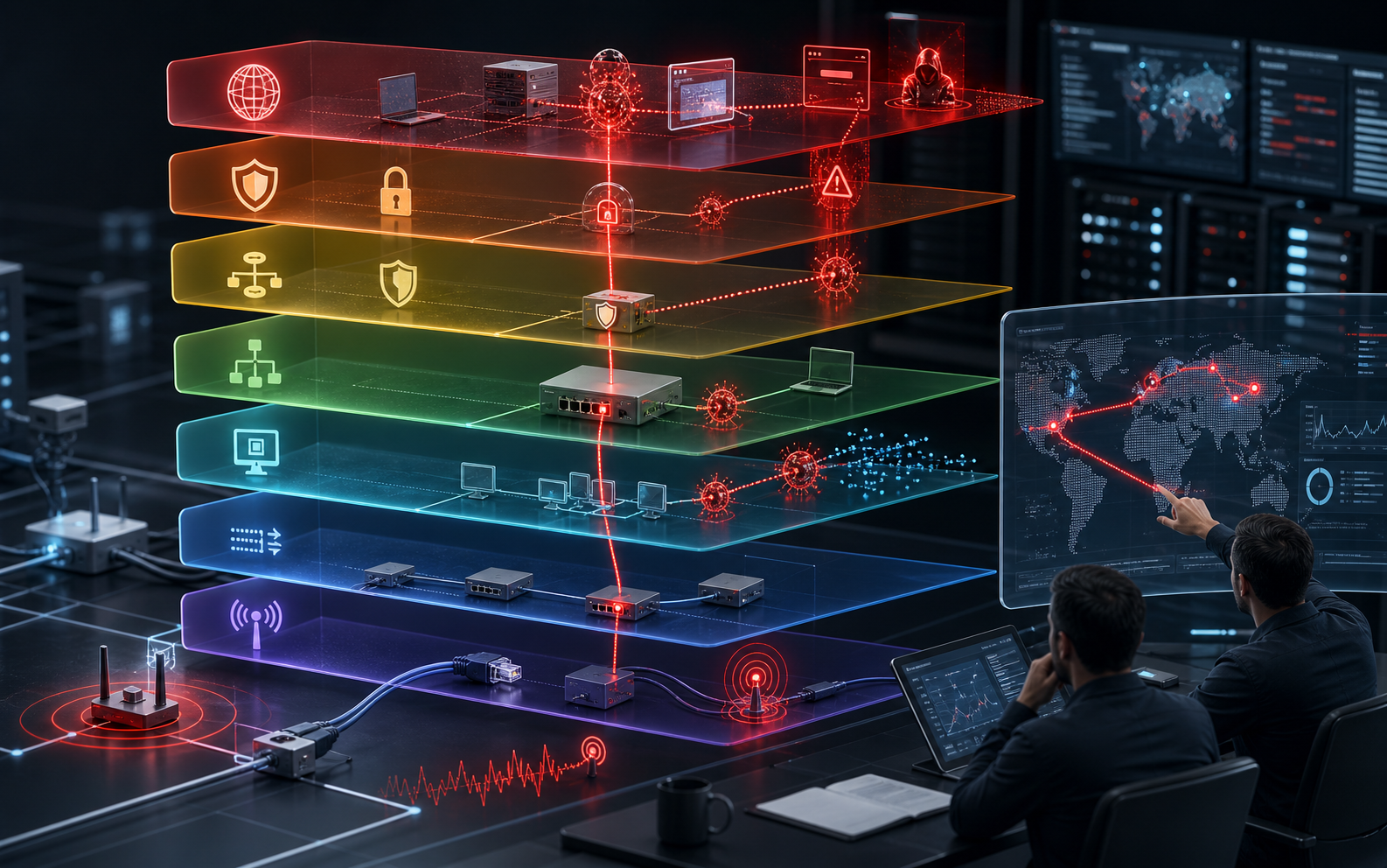 Visual técnico con capas OSI, vectores de ataque, señales de alerta y equipo defensivo monitorizando la red.